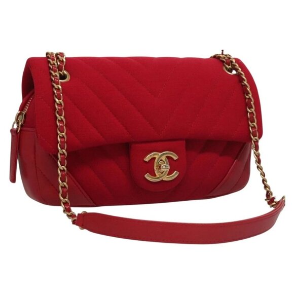CHANEL Chain V Stitch Shoulder Bag Cotton Red Gold CC Auth 132418M - Picture 1 of 16